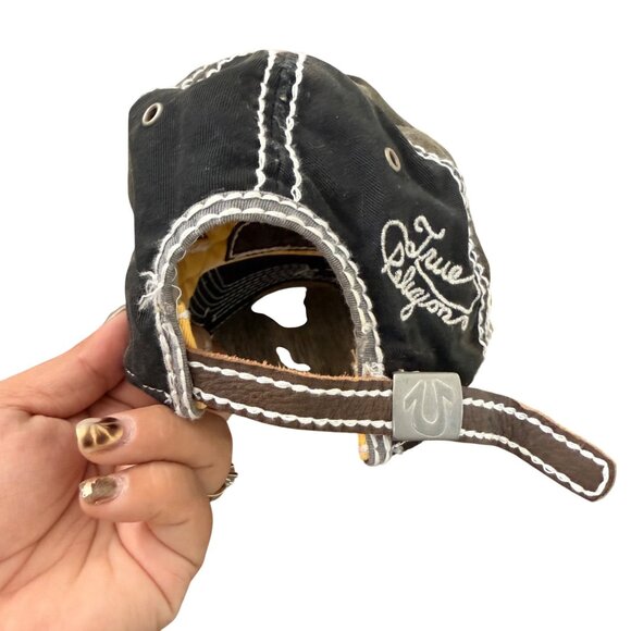 VTG Y2K True Religion Beige Gray Distressed Sequin Embroidered Grunge Hat